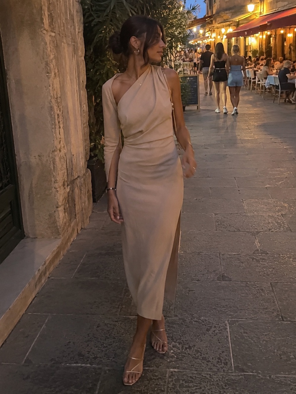 Mango Asymmetric One-Sleeve Midi Dress Beige Size XS
